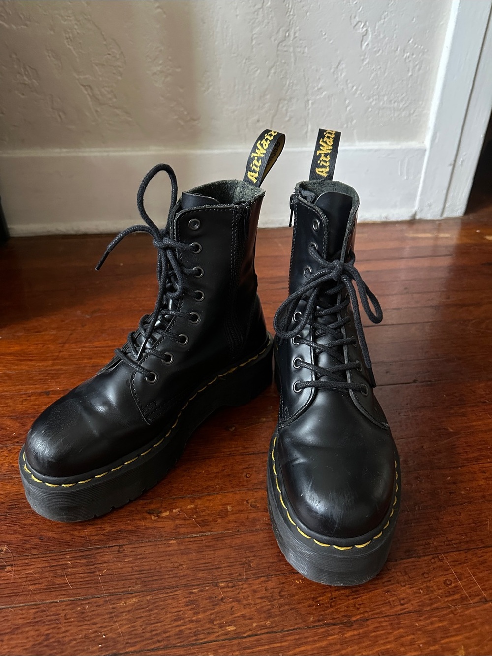 Dr. Martens Black Lace-Up Platform Boots with Yellow Stitching